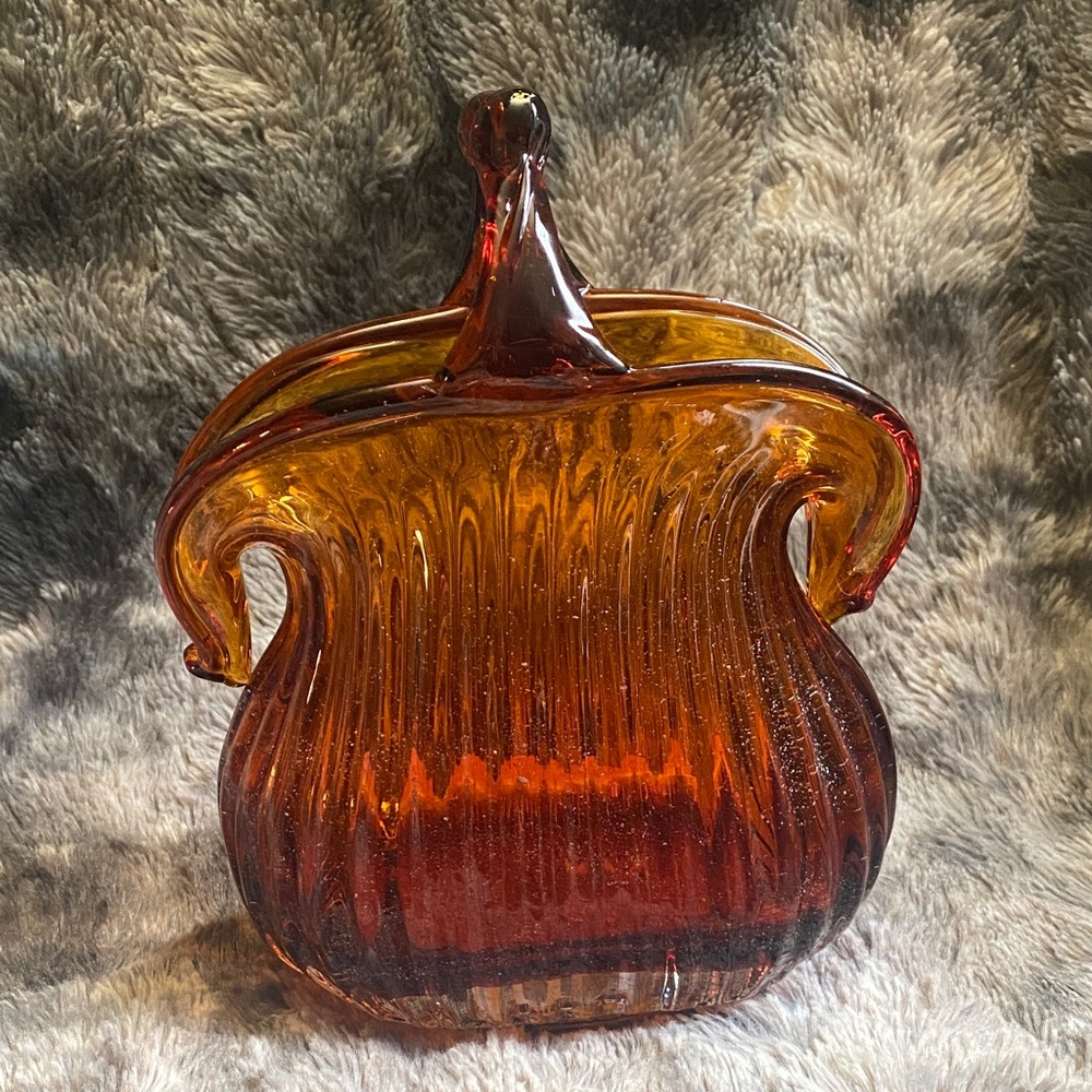 Vintage Amber Glass Purse Art Vase